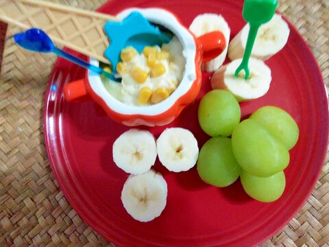 朝食～♡フルーツとコーンマシュポテト